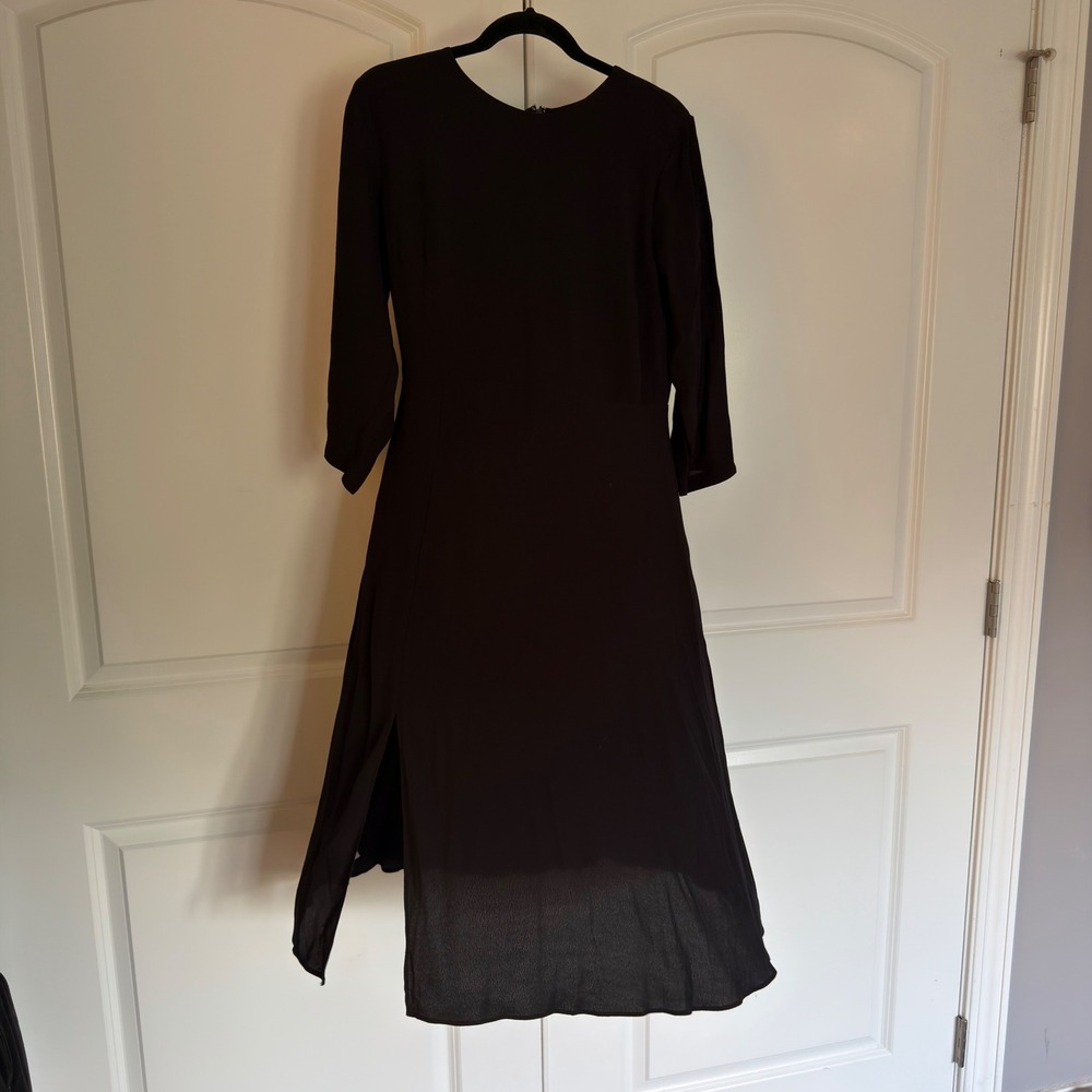 LOFT Black Midi Dress 3/4 Sleeve Round Neck Side Slit Size 10